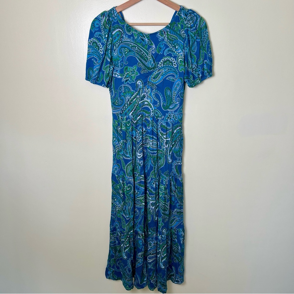 Boden Paisley Blue Green Jersey Maxi Dress Cut Out Back Tiered Pockets Size 6 - Picture 4 of 14